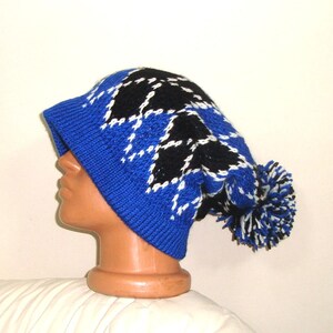 Hand Knit Slouchy Beanie: Argyle Hat, Gray Black Wool Blend Winter Outfit Blue
