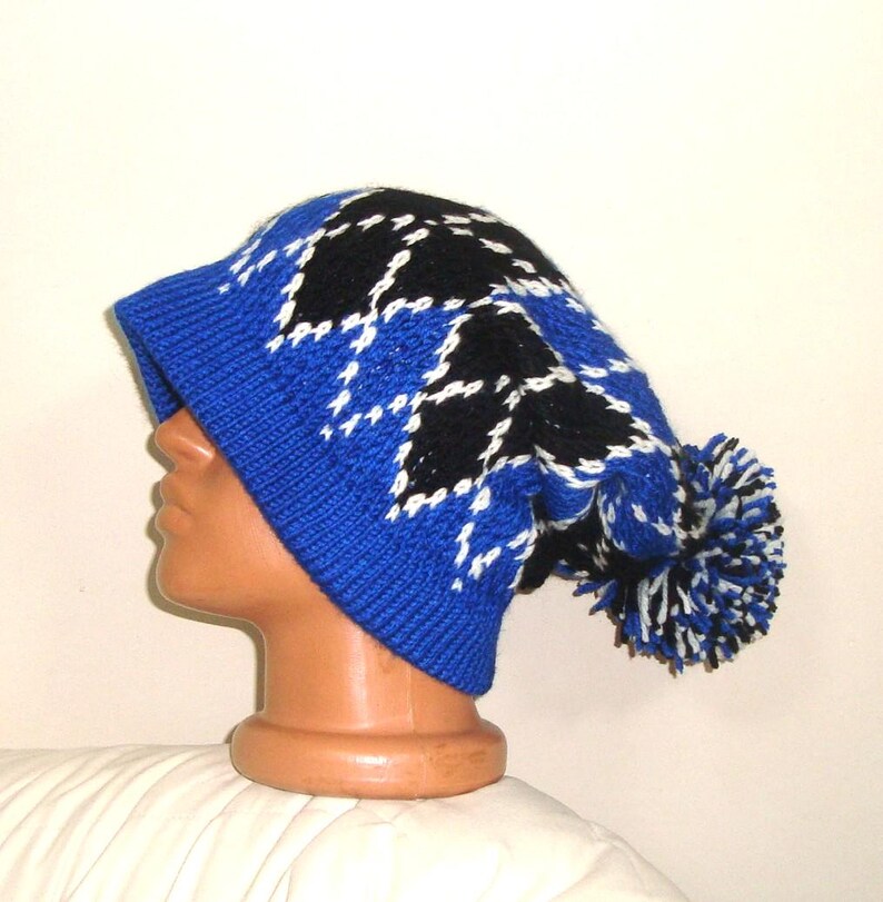 Hand Knit Slouchy Beanie: Argyle Hat, Gray Black Wool Blend Winter Outfit Blue
