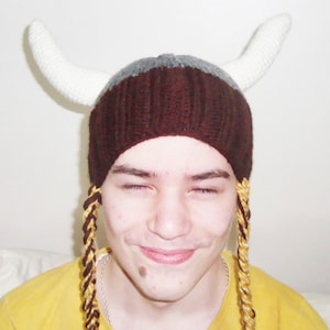 Knitted VIKING HAT BRAIDS in Grey, Brown, Cream Viking Horn