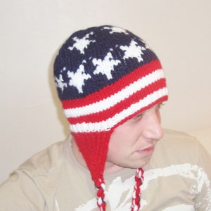 hand knit hats ear flaps men women kids baby family winter blue red white stripes and stars american Flag gifts hats image 5
