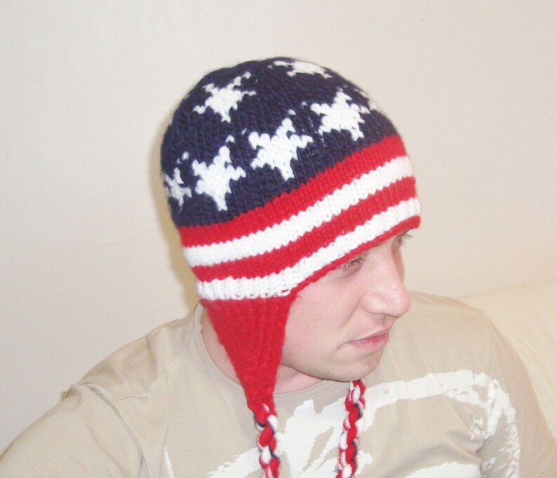 hand knit hats ear flaps men women kids baby family winter blue red white stripes and stars american Flag gifts hats image 5