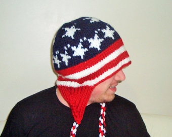 Hand Knit Hats for larger head Men XXXL Red white blue stars and Stripes ear flap earflap winter hats gift for men's gifts