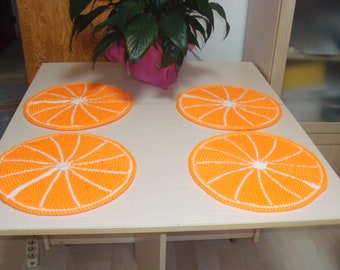 Round orange Placemats orange fruit slice set Of 2, 4, 6 round Washable hand Knit place mats boho home decor gift, barbecue party gifts