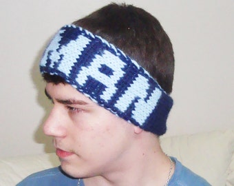 Personalized Christmas gift for him personalize hand knit headband winter head band navy blue with of blue iceman or the word or date