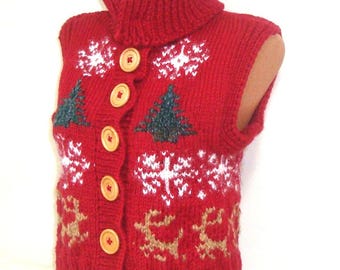 Hand Knit Vest Sweater: Turtleneck, Christmas Trees, Snowflakes, Deers in Red