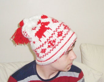 Hand Knitted Winter Hat for Men Women White Hat with Red Hearts and Reindeer deer beanie hat
