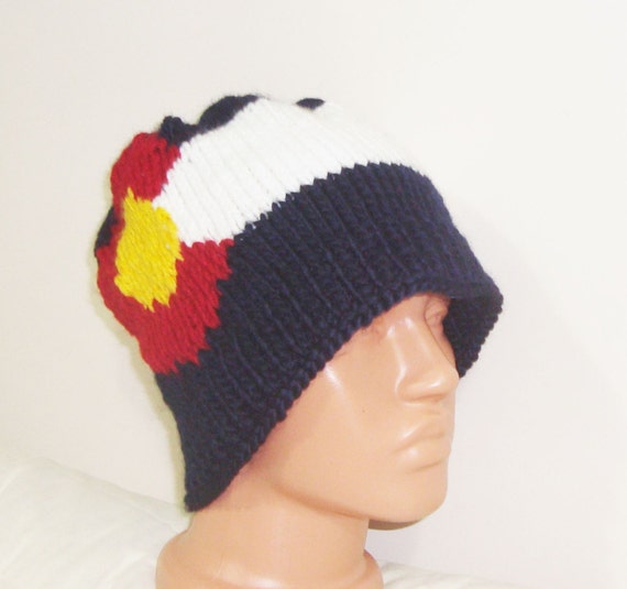 Colorado Flag Beanie Hat Hand Knit Winter in Blue Red white Yellow for mens or womens gifts knitted