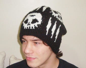 Hand knit skull cap beanie hats women mens black with white winter hats - boyfriend valentines gifts for him