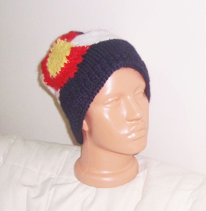 Colorado Flag Beanie Hat Hand Knit Winter in Blue Red white Yellow for mens or womens gifts knitted