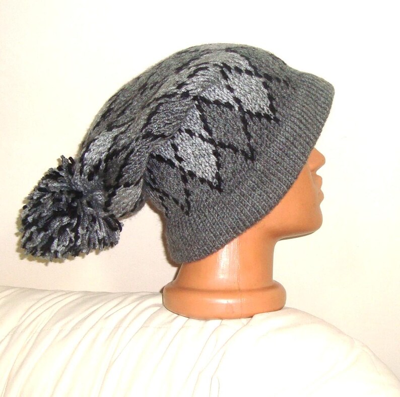 Hand Knit Slouchy Beanie: Argyle Hat, Gray Black Wool Blend Winter Outfit Gray