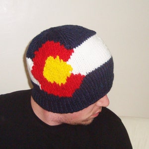 Hand Knit Beanie Hat with Colorado Flag Gifts For Men Women in Blue, Red, Yellow, White image 1