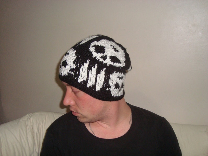 Hand Knit Skull Hat Beanie Black with white skull gifts for men skull accessories image 4