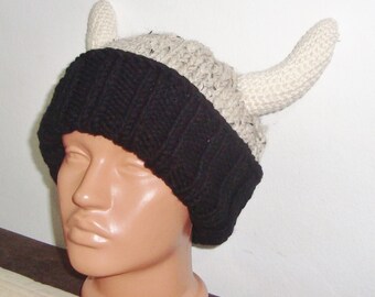 Hand Knit Viking Hat for Adults with horns Men's Winter in Beige, Black, Cream Horns with wide brim hats
