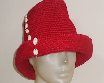 Womens Hats summer with Brim fedora, Crochet Hats for Woman summer Hats Cloche, Women's gift For Hers Red Crochet M size with Cowrie shell