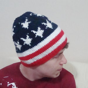 American flag beanie hat men women winter American star and stripes red white blue beanie hat US gifts hand knit knitted image 2
