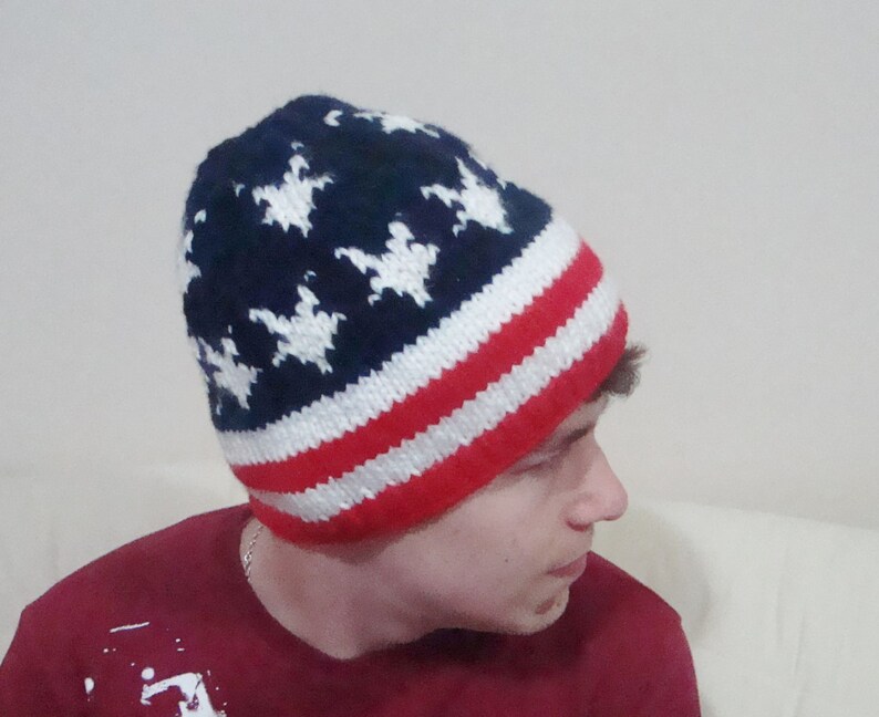 American flag beanie hat men women winter American star and stripes red white blue beanie hat US gifts hand knit knitted image 2