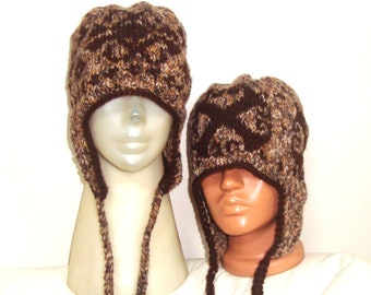 Hand knit hats for women mens with ear flaps winter knitted in brown cream beige multicolor gift for him hers