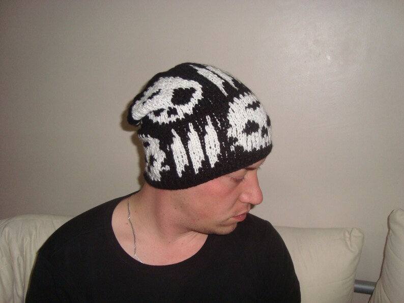 Hand Knit Skull Hat Beanie Black with white skull gifts for men skull accessories image 3