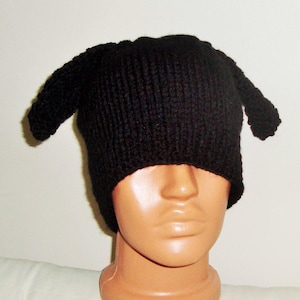Knit Dog Ears Hat: Black Wool Blend Festival Beanie