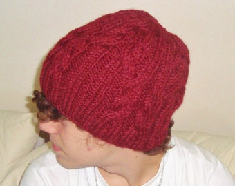 hand knit men's beanie hats men gift for him in burgundy red christmas valentines day gifts