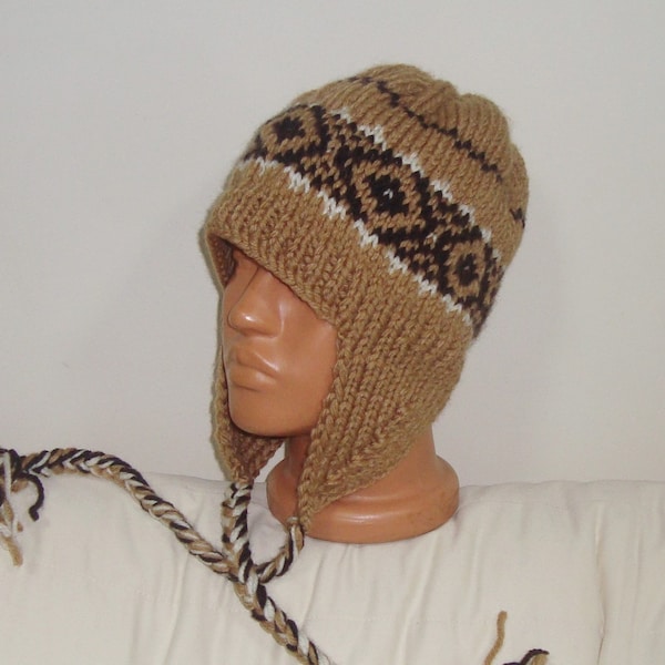 hand Knit Hats Men - Beige Ear Flap Hats in brown beige Knit Hats - Beige Earflap Hats Men's Knit Accessories winter Hats