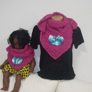 Mom and Daughter Scarf Shawl Magenta Matching Set of 2 with Blue Butterfly Pin Mommy Me gift triangle hand knit pink purple shawls image 9