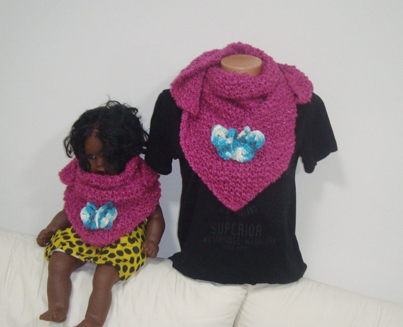 Mom and Daughter Scarf Shawl Magenta Matching Set of 2 with Blue Butterfly Pin Mommy Me gift triangle hand knit pink purple shawls image 9