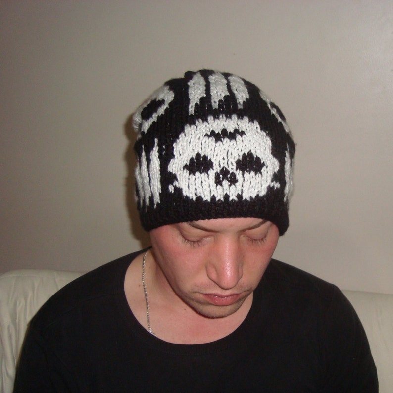 Hand Knit Skull Hat Beanie Black with white skull gifts for men skull accessories image 2