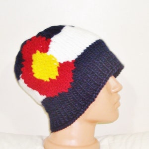 Hand Knit Beanie Hat with Colorado Flag Gifts For Men Women in Blue, Red, Yellow, White image 5