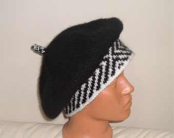 Hand knit French Beret, French Hat for Women Men Winter Small & Big Head Gift for Her Him Black and White Striped