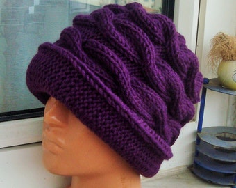 Hand Knit Women's Hat for Winter with Brim Brimmed Cloche Womens Hats, gift For women gifts purple Hand Knitted S, M, L, XL, 2xl
