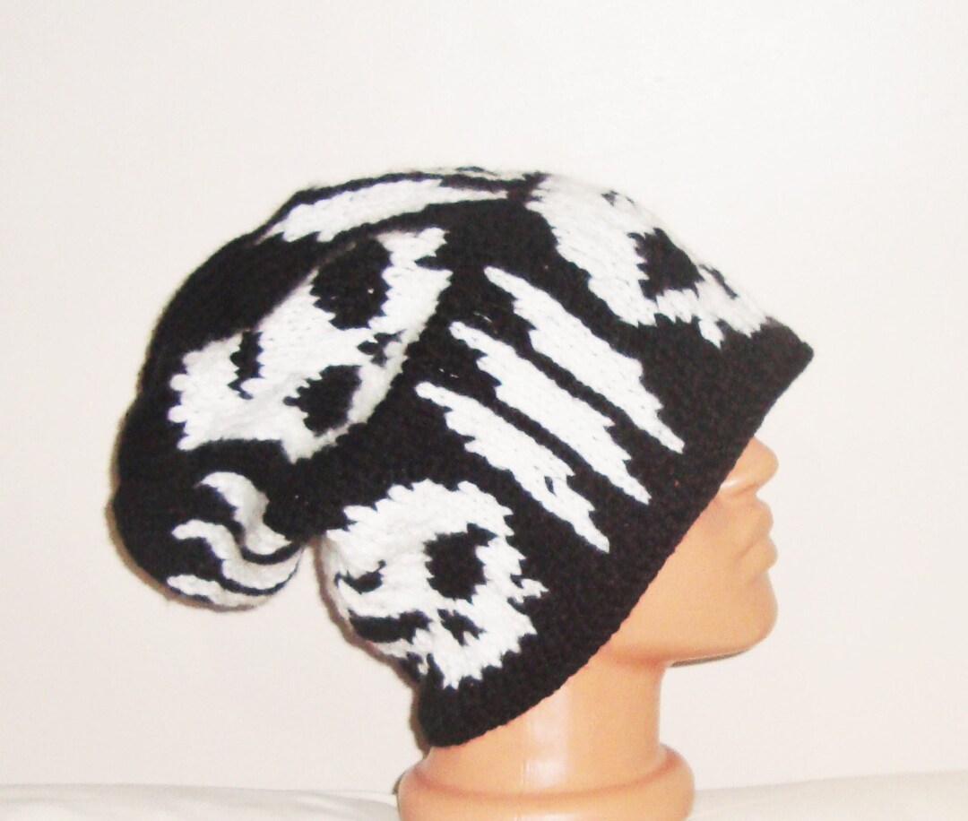 Handmade Hand Crafted Adult Knit Skull hat black and white Stretchy Soft Unisex Adult Knited Beanie Hat With Multi  main image 4
