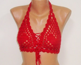 Red festival Clothing women tops Bra Briolette with Red Hearts Crochet Crocheted unique gifts