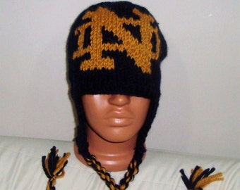 Navy and Yellow Hand Knit Knitted Winter Beanie Hat with Ear Flaps Ties Notre Dame Logo for Men Women in Wool Acrylic Yarn Gift For Him Her