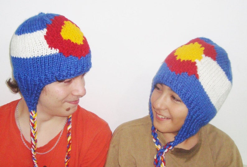 Colorado Flag Beanie Hat Hand Knit Winter in Blue Red white Yellow for mens or womens gifts knitted