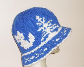 Knitted Fox Hat Gifts For Men Women Winter Hand Knit Hat in blue white fox