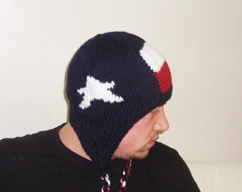 Texas Flag Hat with ear flaps - Texas Gifts for Men, Texas Fathers Day Gifts for Women, Him, Parents, Guys - Hand Knit Winter Beanie Hats