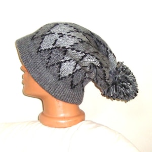 Hand Knit Slouchy Beanie: Argyle Hat, Gray Black Wool Blend Winter Outfit image 1