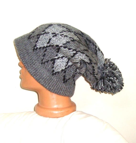 Hand Knit Slouchy Beanie: Argyle Hat, Gray Black Wool Blend Winter Outfit