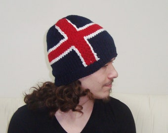 Hand Knit Iceland Flag Beanie: Winter Hat Gift