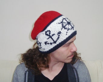 Personalized hand knit beanie hat gift for Boyfriend with Girlfriend nautical sailor anchor red white blue gifts