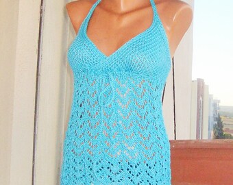 Turquoise cyan blue hand knit tops for women open back backless Turquoise deep v neckline Clothing festival summer clothes gift for Hers