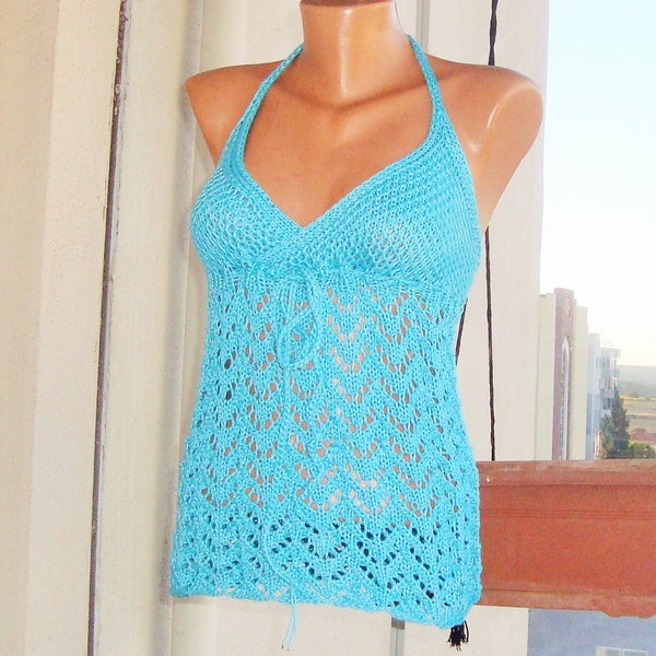 Turquoise cyan blue hand knit tops for women open back backless Turquoise deep v neckline Clothing festival summer clothes gift for Hers