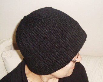 Black, wool hat women extra large hand knitted simple knit winter hat