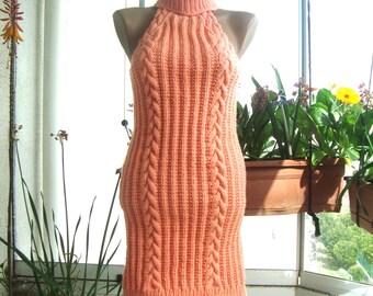 Winter Hand Knit Sweater Mini Dress for women Turtleneck sleeveless open shoulder sweaterdress knitted dress, rib ribbed, orange peach gifts