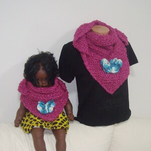 Mom and Daughter Scarf Shawl Magenta Matching Set of 2 with Blue Butterfly Pin Mommy Me gift triangle hand knit pink purple shawls image 10