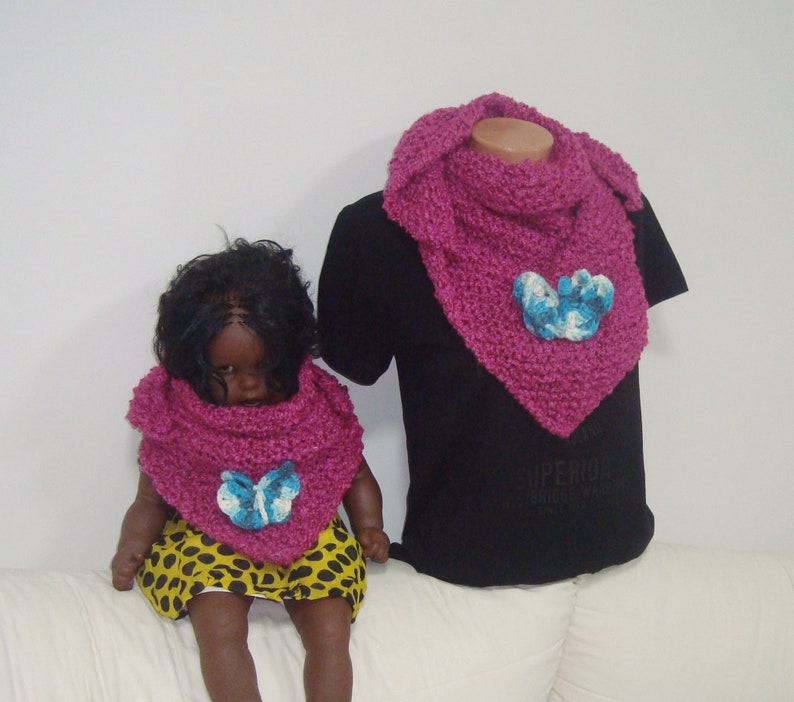 Mom and Daughter Scarf Shawl Magenta Matching Set of 2 with Blue Butterfly Pin Mommy Me gift triangle hand knit pink purple shawls image 10