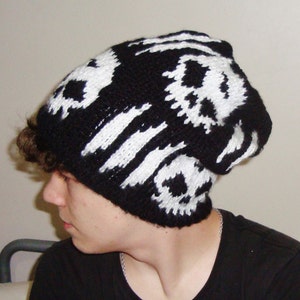 Hand Knit Skull Beanie: Black & White Rock Festival Hat