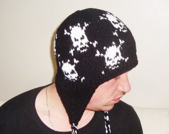 Wool Men's Hats winter Men Hats with Ear Flaps in black, white skulls hand Knitted Hats, man gifts for Him