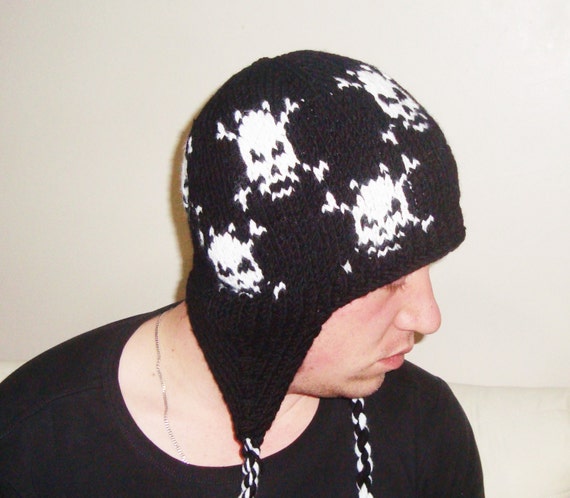 Hand Knitted Wool Skull Hat with Ear Flaps for men women gifts
